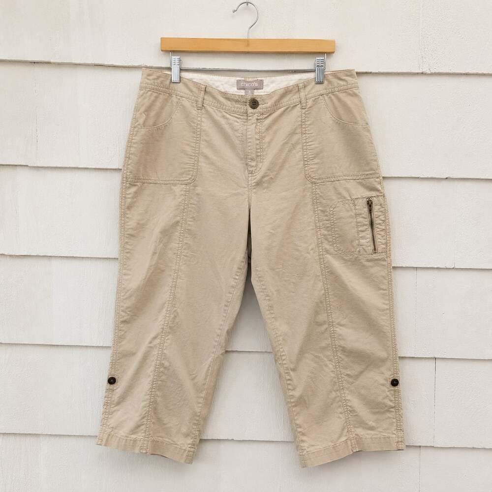 Chico's Size 3 Beige Crop Cargo Capris Zip Pocket Casual Travel Pants